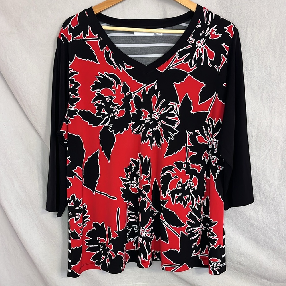 Susan Graver Red, Black & White Abstract Floral and Stripe Mixed Print Blouse-1X